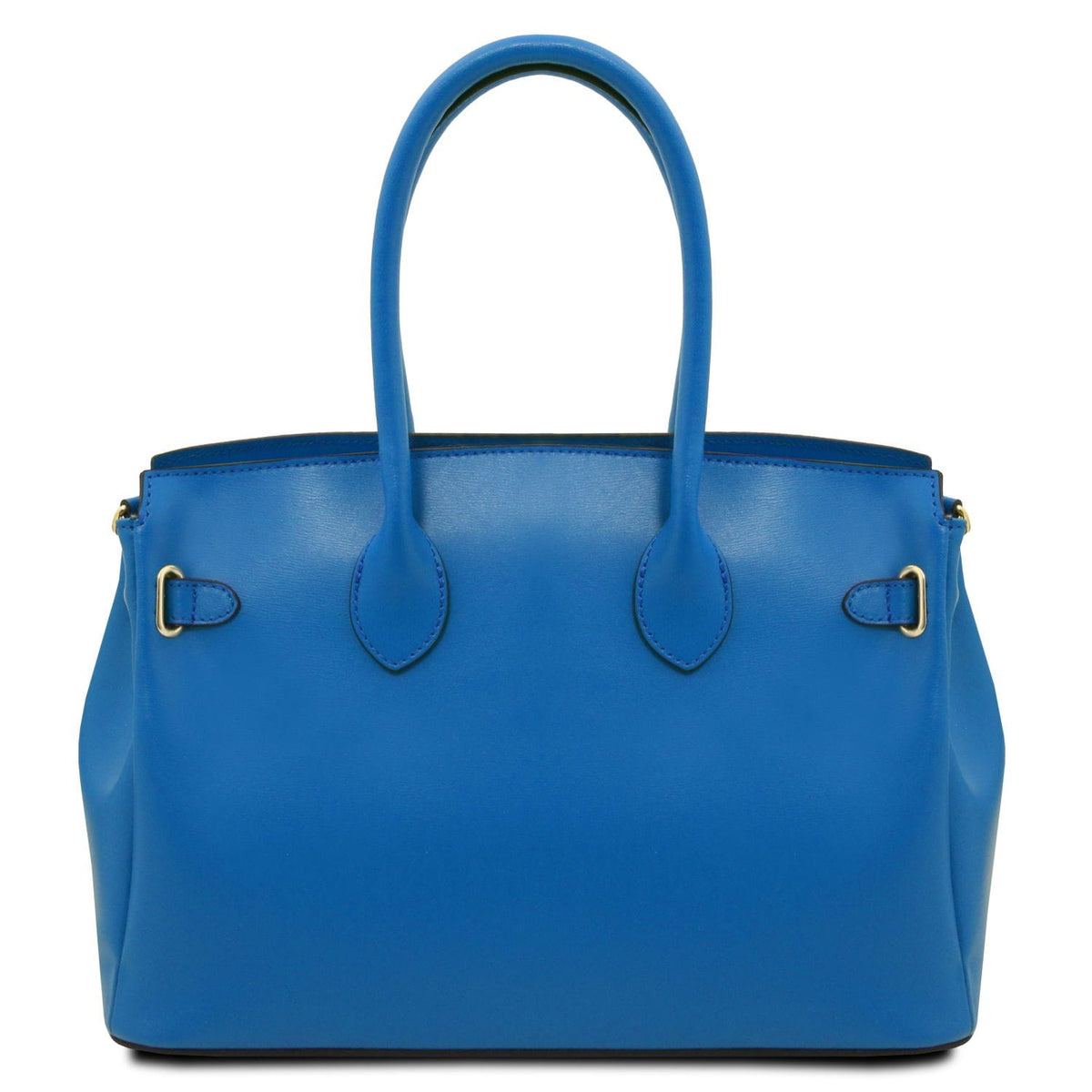 Blue smooth leather handbag with double top handles and gold-tone hardware accents, crafted in Italian leather.