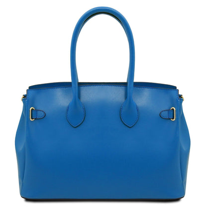 Blue smooth leather handbag with double top handles and gold-tone hardware accents, crafted in Italian leather.