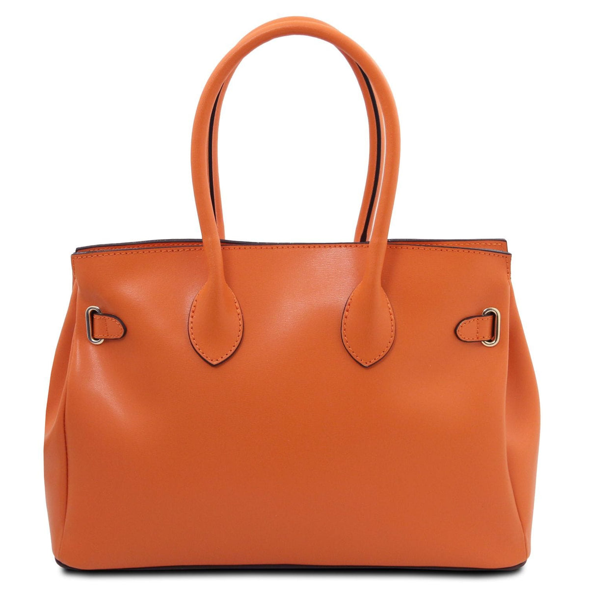 Orange smooth leather handbag with double handles and minimal metal hardware accents in a structured silhouette.
