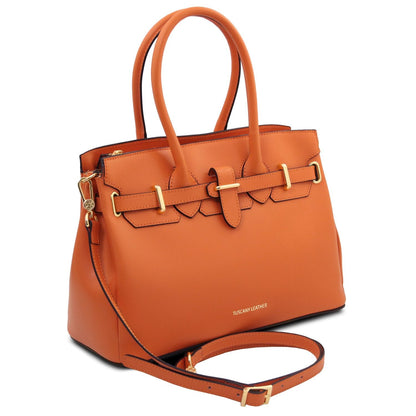 Orange Italian leather handbag with gold-tone buckle accents, top handles, and detachable shoulder strap.