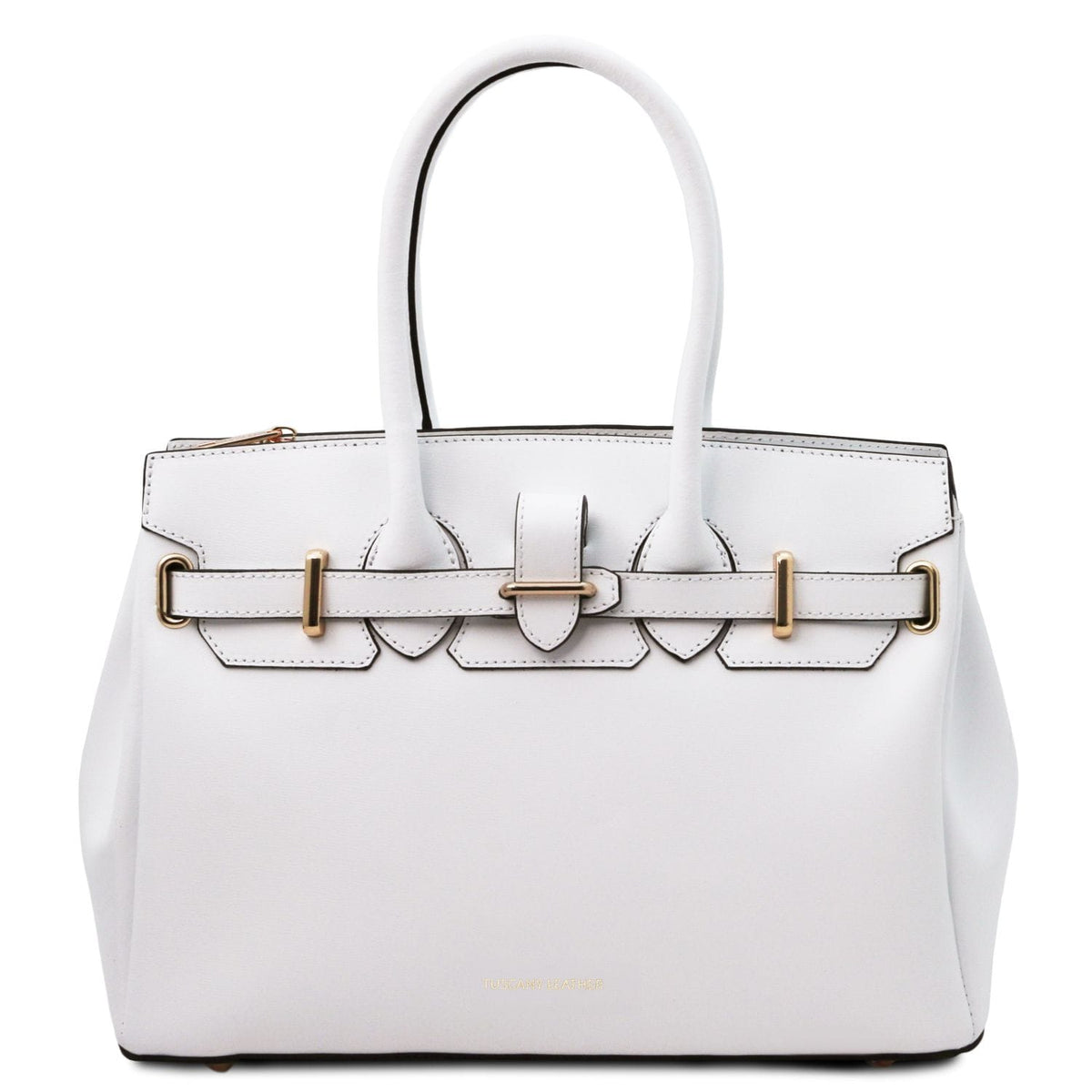 White leather handbag with structured design, dual handles, and gold-tone buckle accents on front strap.