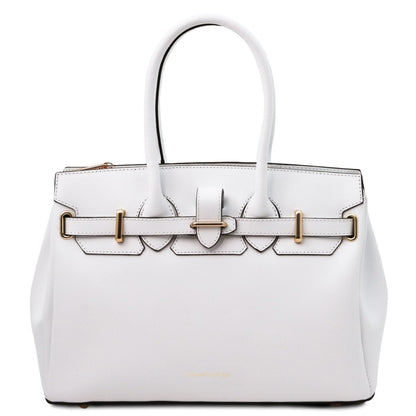 White leather handbag with structured design, dual handles, and gold-tone buckle accents on front strap.