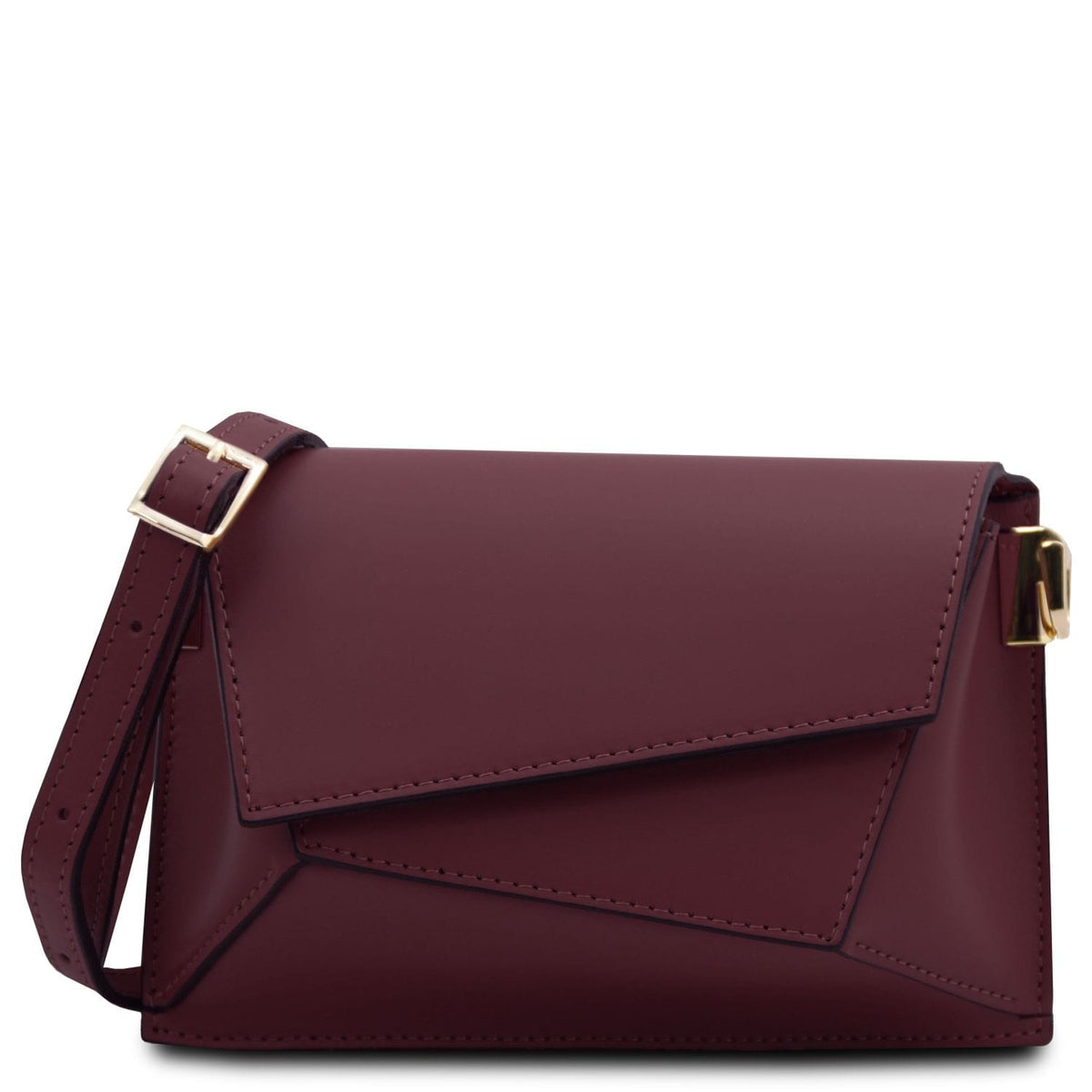 TL Bag - Leather shoulder bag  | TL142253 in burgundy smooth leather with geometric flap and adjustable strap on white background