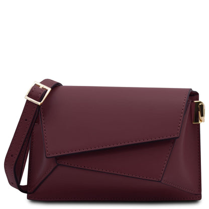 TL Bag - Leather shoulder bag  | TL142253 in burgundy smooth leather with geometric flap and adjustable strap on white background
