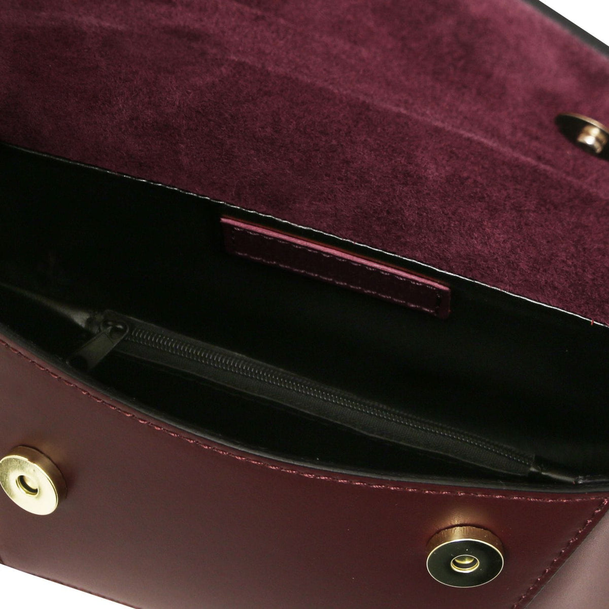 TL Bag - Leather shoulder bag  | TL142253 in burgundy leather with suede interior lining and zipper pocket inside on white background