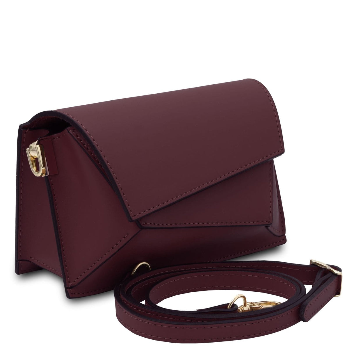 TL Bag - Leather shoulder bag  | TL142253 in dark burgundy leather with geometric flap, gold-tone hardware, and detachable shoulder strap on white background