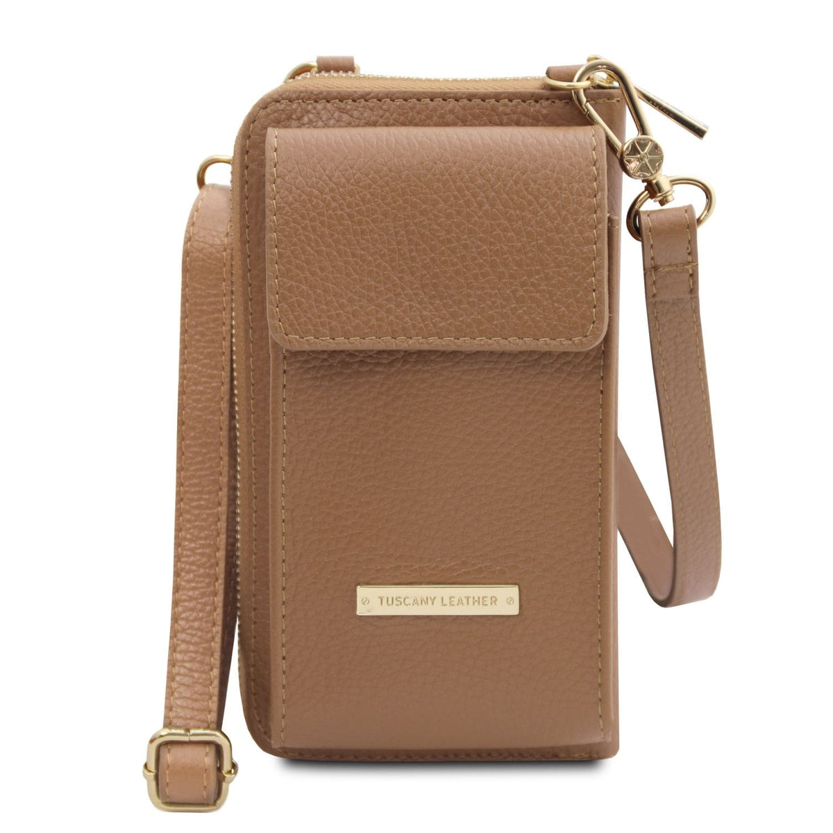Cuero leather phone wallet with strap featuring front pocket and gold Tuscany Leather plaque