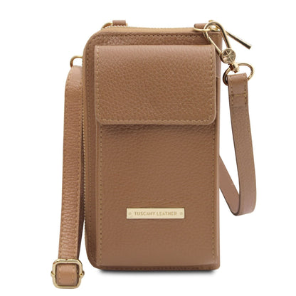 Cuero leather phone wallet with strap featuring front pocket and gold Tuscany Leather plaque