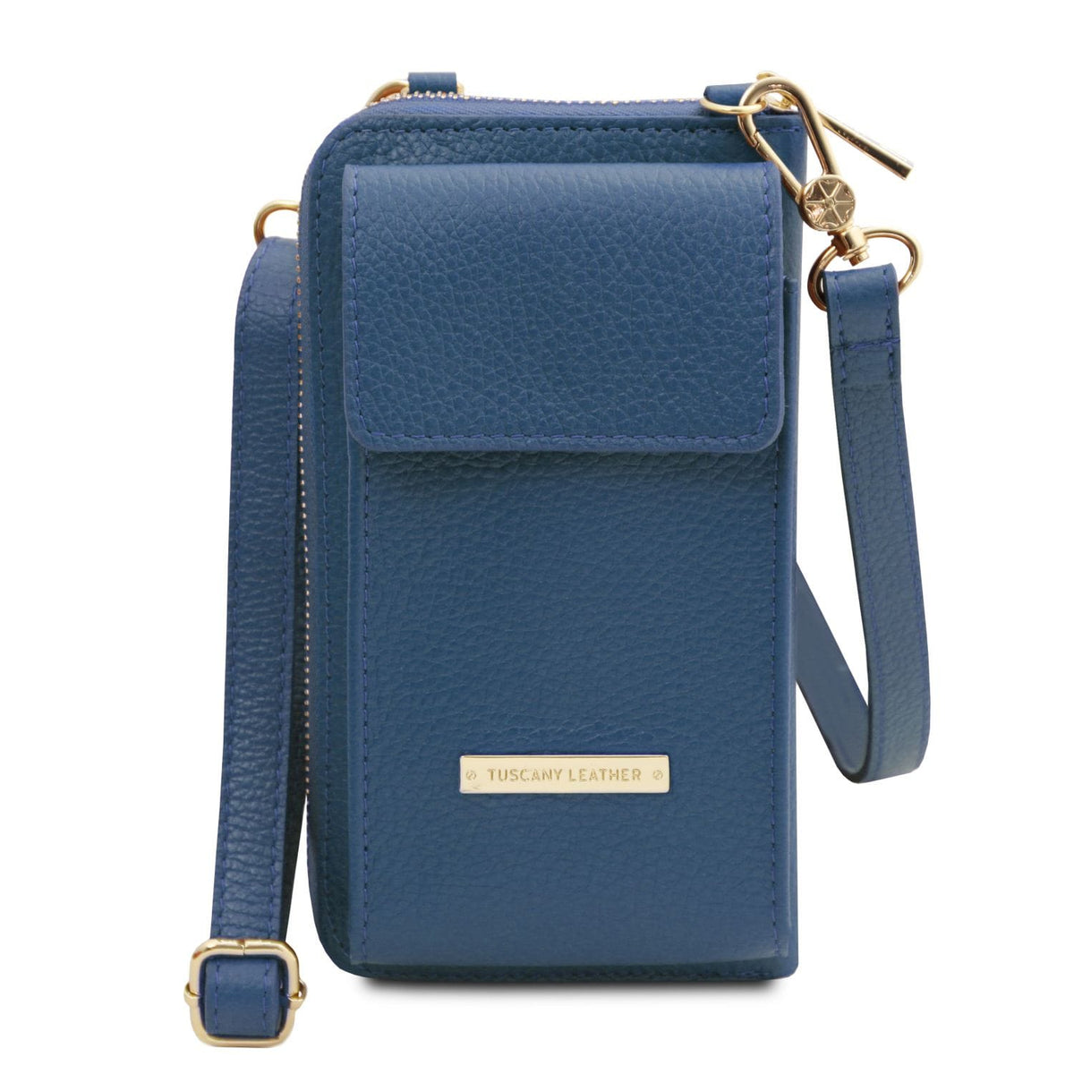 Blue textured leather cartera para móvil with correa extraíble bolsillo delantero con solapa and gold brand plaque