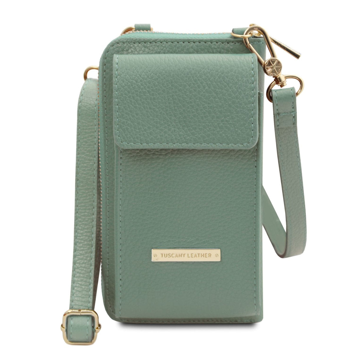 Verde azulado green leather cartera para móvil with bolsillo delantero con solapa and herrajes dorados