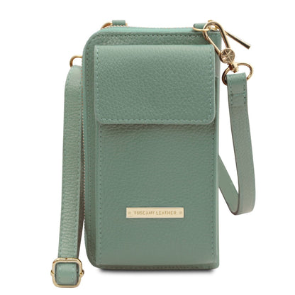 Verde azulado green leather cartera para móvil with bolsillo delantero con solapa and herrajes dorados