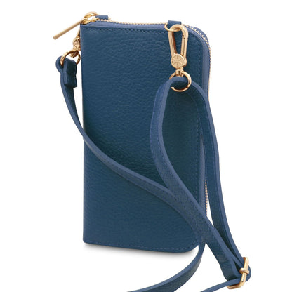 Blue leather cartera para móvil with a correa extraíble and herrajes dorados