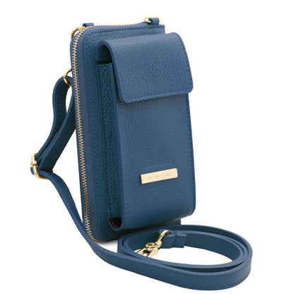 Blue leather cartera para móvil with long correa extraíble and cremallera dorada along the side
