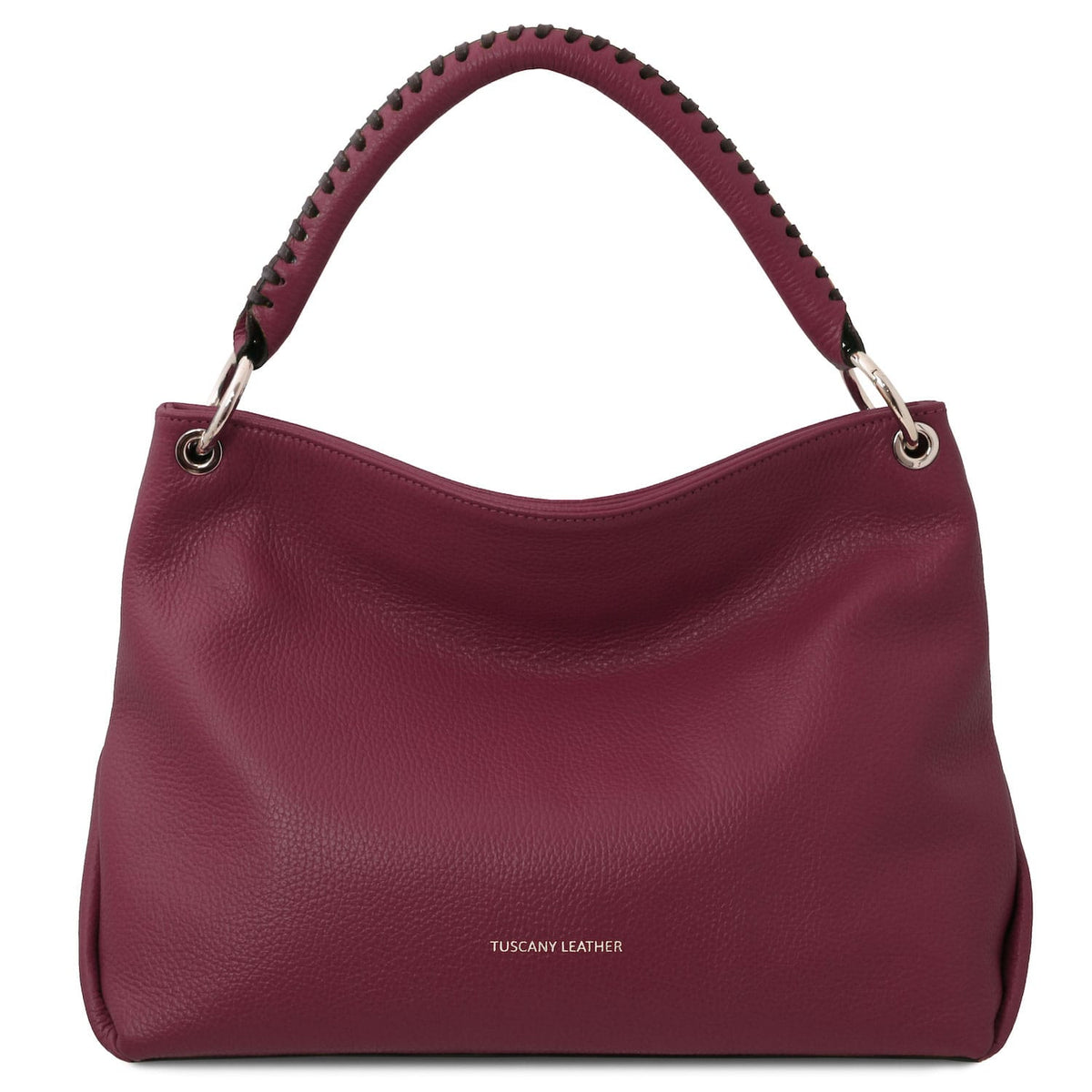 TL Bag - Soft Italian leather handbag | TL142087 in burgundy pebbled leather with stitched handle detail on white background