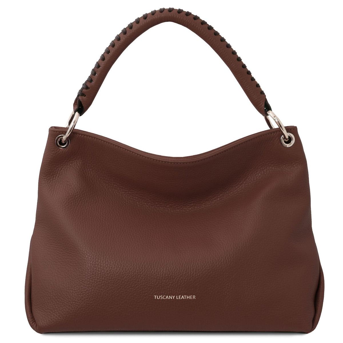 TL Bag - Soft Italian leather handbag | TL142087 in brown pebbled leather with stitched top handle on white background