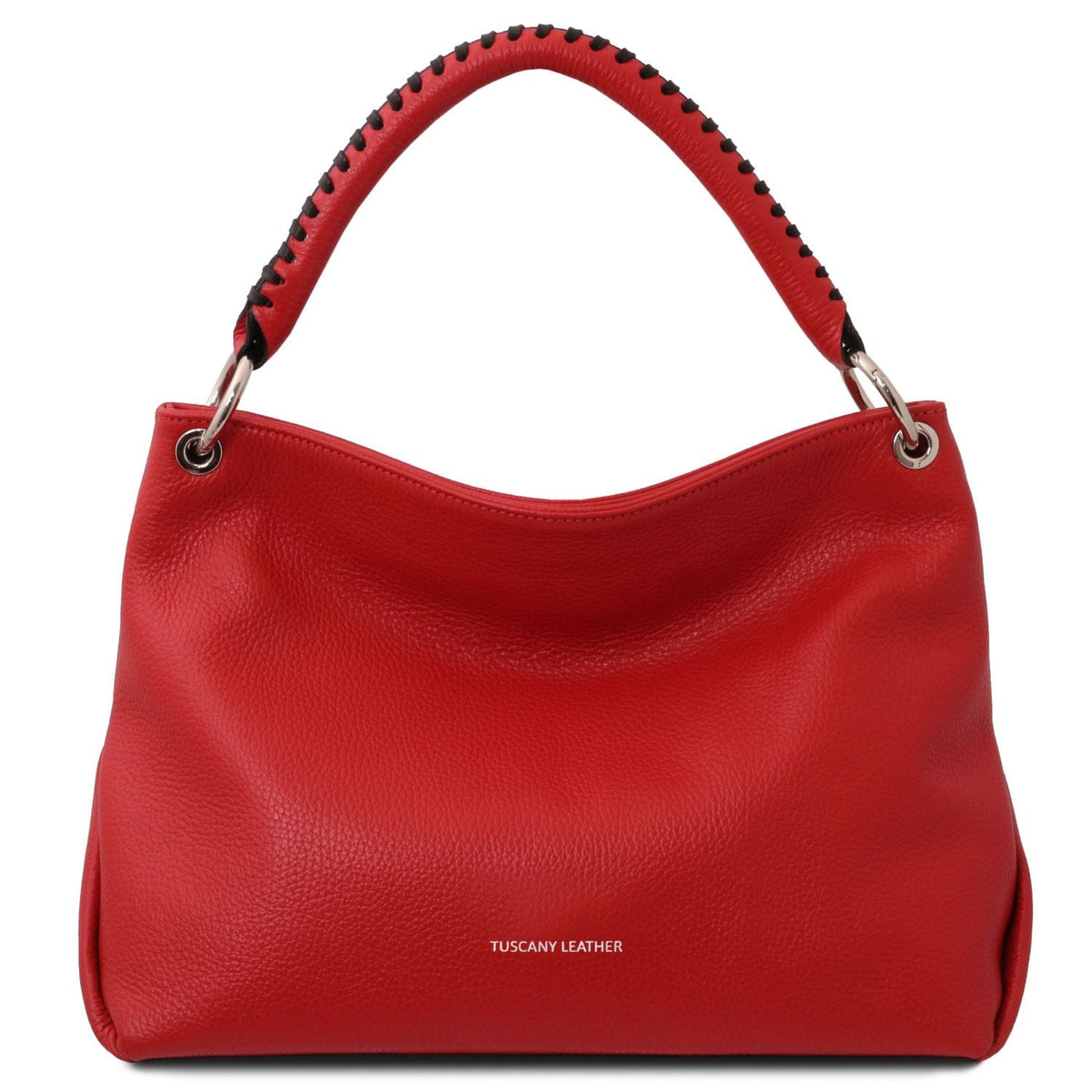 Red TL Bag in soft pebbled leather with a stitched red handle and silver hardware