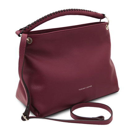 TL Bag - Soft Italian leather handbag | TL142087 in burgundy pebbled leather with braided top handle and detachable shoulder strap on white background