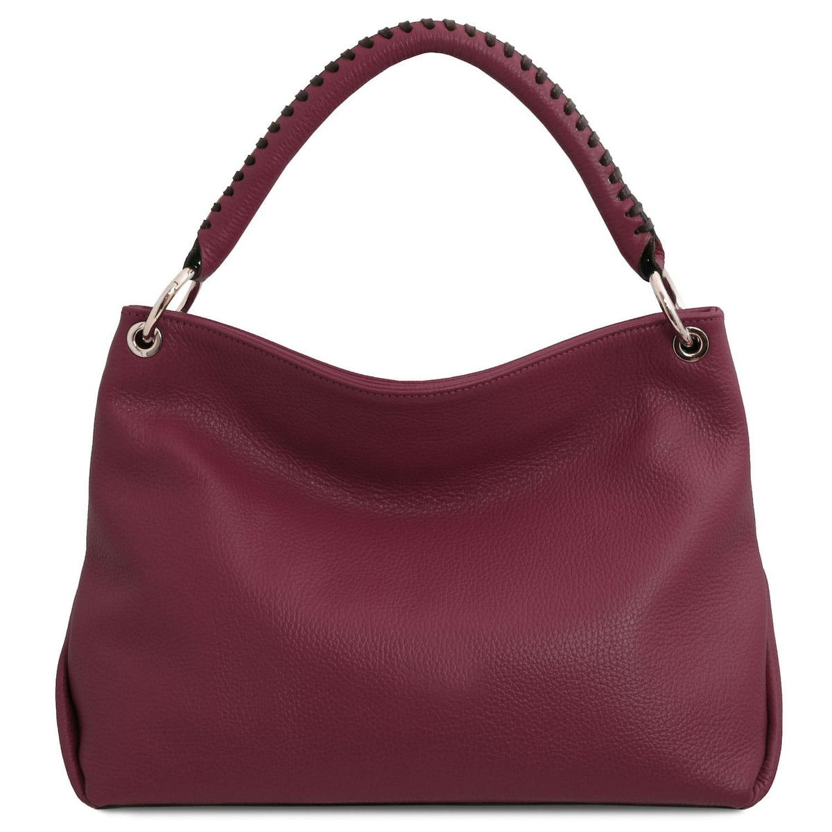 TL Bag - Soft Italian leather handbag | TL142087 in burgundy pebbled leather with stitched top handle and silver-tone hardware on white background