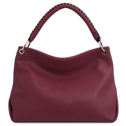 TL Bag - Soft Italian leather handbag | TL142087 in burgundy pebbled leather with stitched top handle and silver-tone hardware on white background