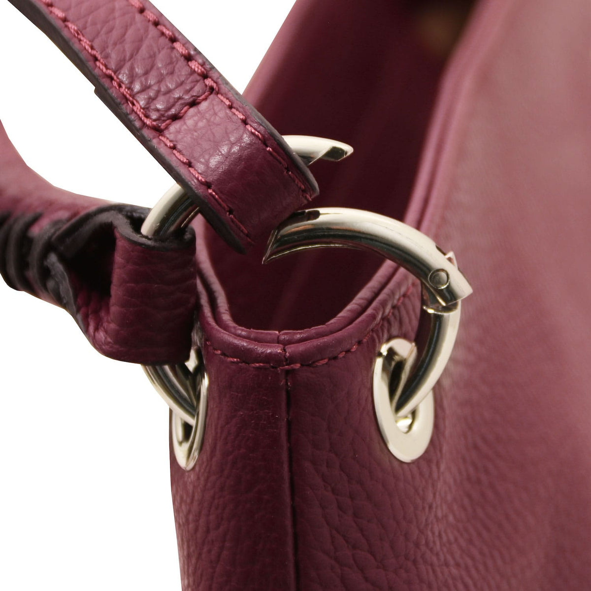 TL Bag - Soft Italian leather handbag | TL142087 in burgundy pebbled leather with silver ring hardware on close-up view