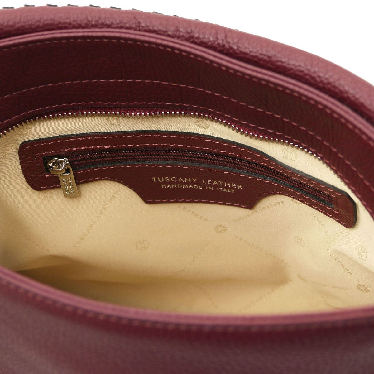 TL Bag - Soft Italian leather handbag | TL142087 in burgundy pebbled leather with interior zip pocket and beige fabric lining.