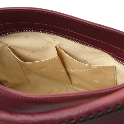 TL Bag - Soft Italian leather handbag | TL142087 in burgundy pebbled leather with beige fabric interior and dual inner pockets on white background.
