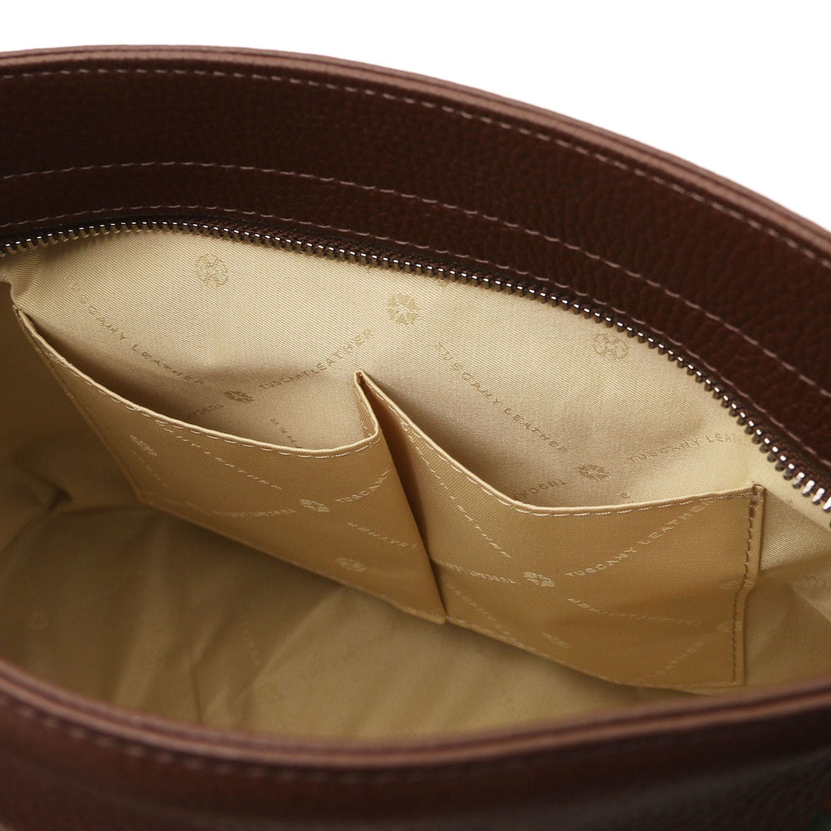 TL Bag - Soft Italian leather handbag | TL142087 with brown pebbled leather exterior and beige fabric interior pockets with zipper closure