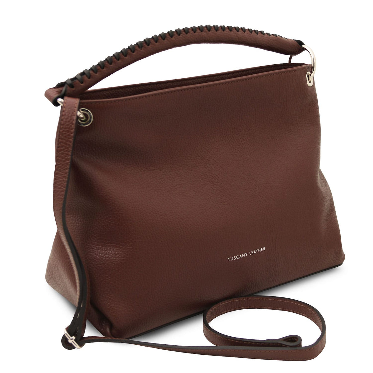 TL Bag - Soft Italian leather handbag | TL142087 in brown pebbled leather with top handle and detachable shoulder strap on white background