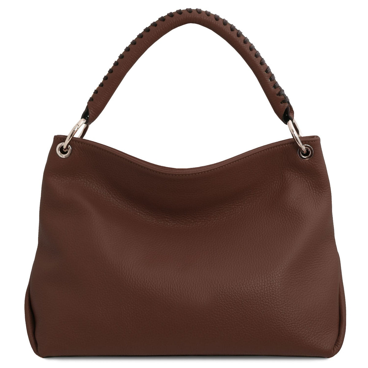 TL Bag - Soft Italian leather handbag | TL142087 in brown pebbled leather with stitched top handle on white background