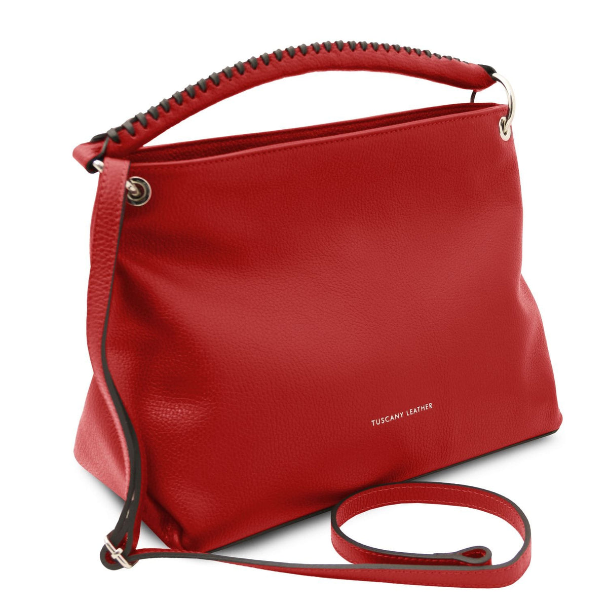 Red TL Bag soft Italian leather handbag with braided top handle and detachable strap, Tuscany Leather logo on front.
