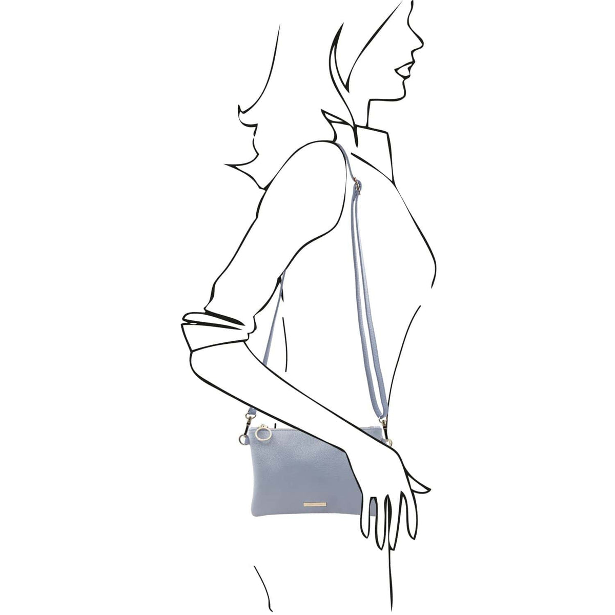 TL Bag - Soft Italian leather pouch clutch | TL142029 in muted blue with detachable shoulder strap and silver hardware worn crossbody on white background