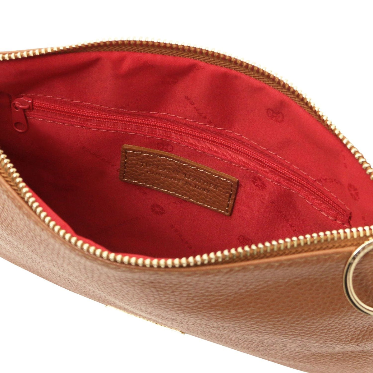 TL Bag - Soft Italian leather pouch clutch | TL142029 in brown pebbled leather with gold zipper and red fabric interior lining on white background