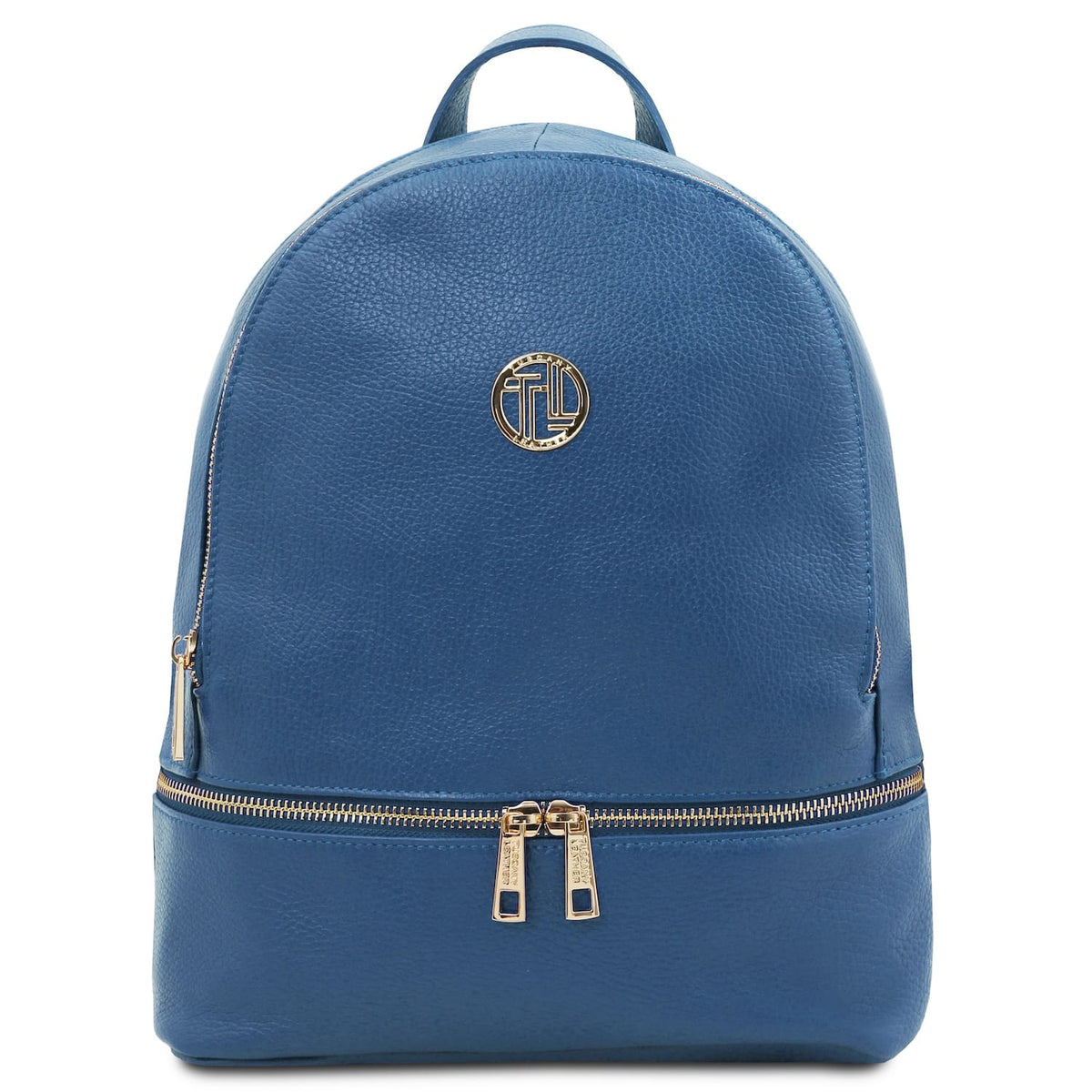 Blue leather backpack with gold zippers top handle and front circular logo