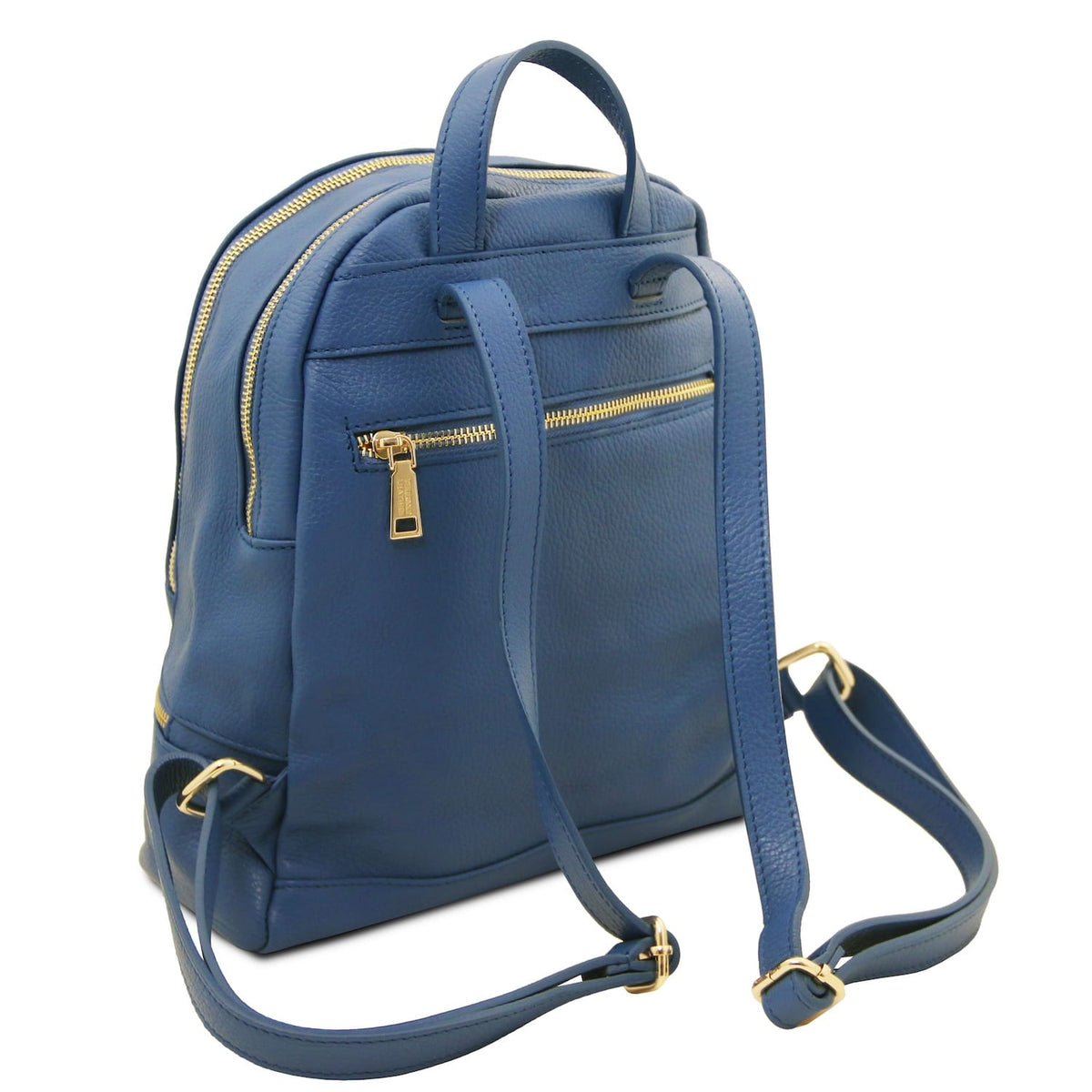 Blue leather backpack viewed from the side with top handle and adjustable shoulder straps