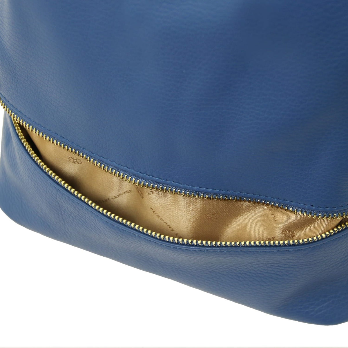 Close-up of blue leather TL Bag backpack exterior with a gold zipper along a curved opening.