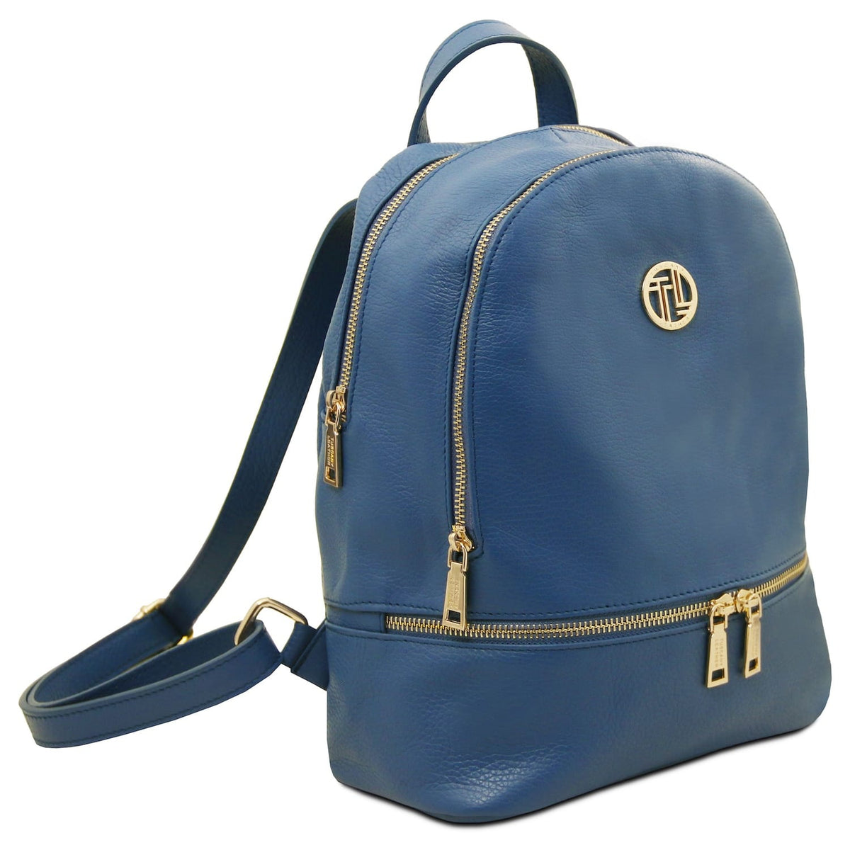 Blue soft leather backpack with gold zippers and circular gold logo on the front