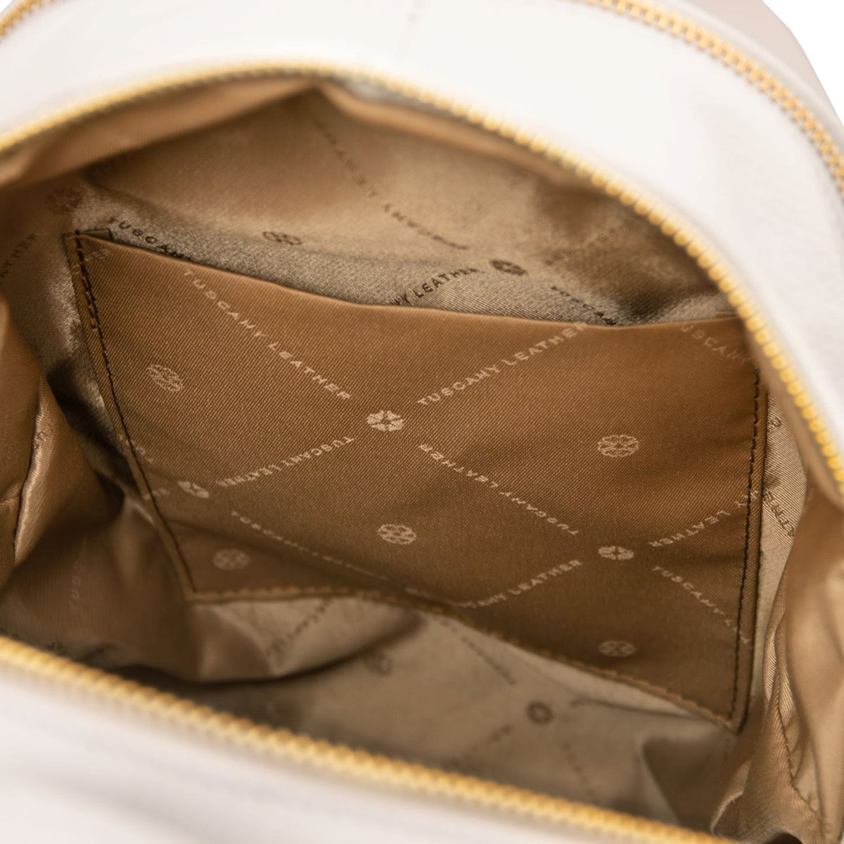 Interior with brown lining and stitched pocket panel inside TL Bag soft leather backpack