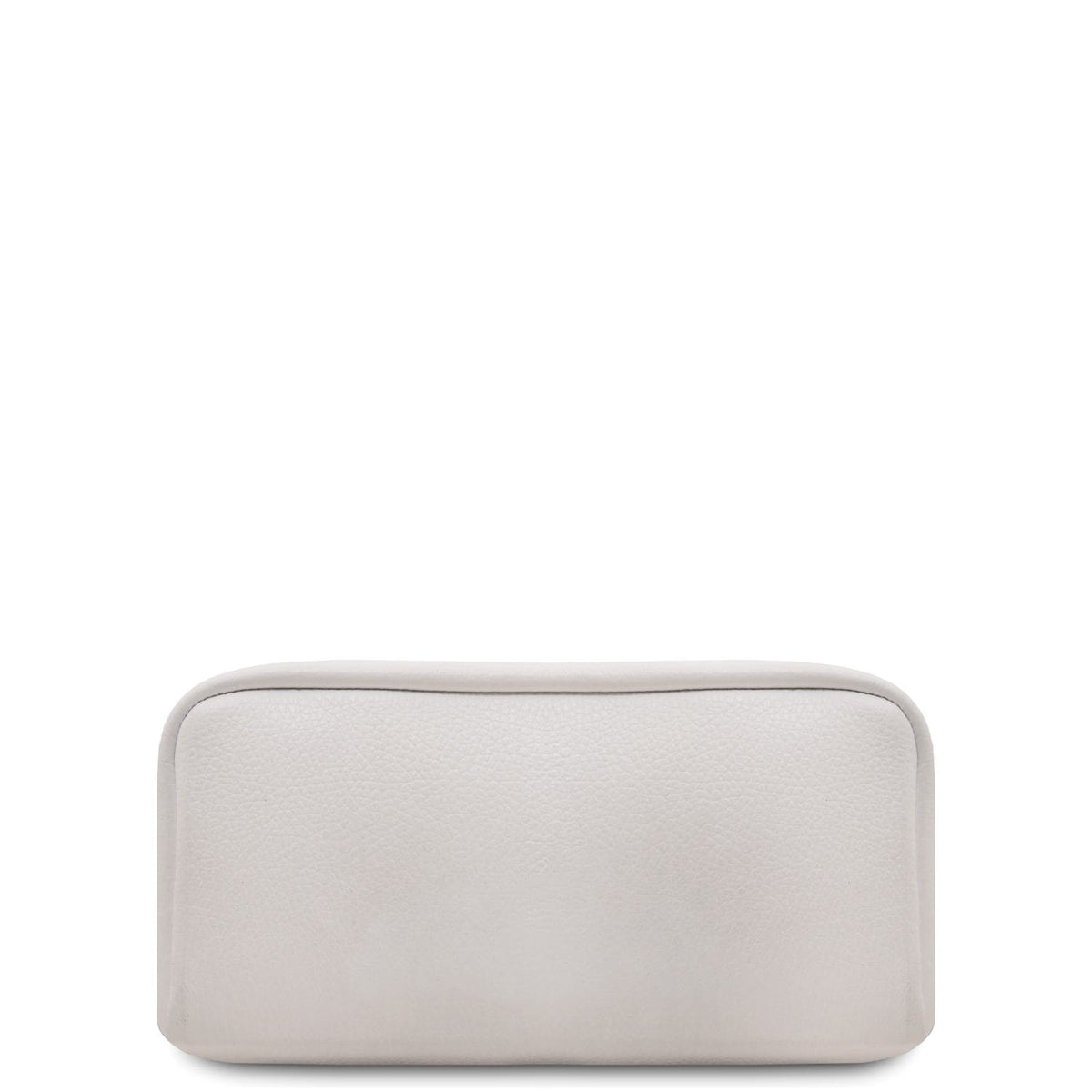 Bottom close-up of white leather backpack with a gold zipper and tan interior lining