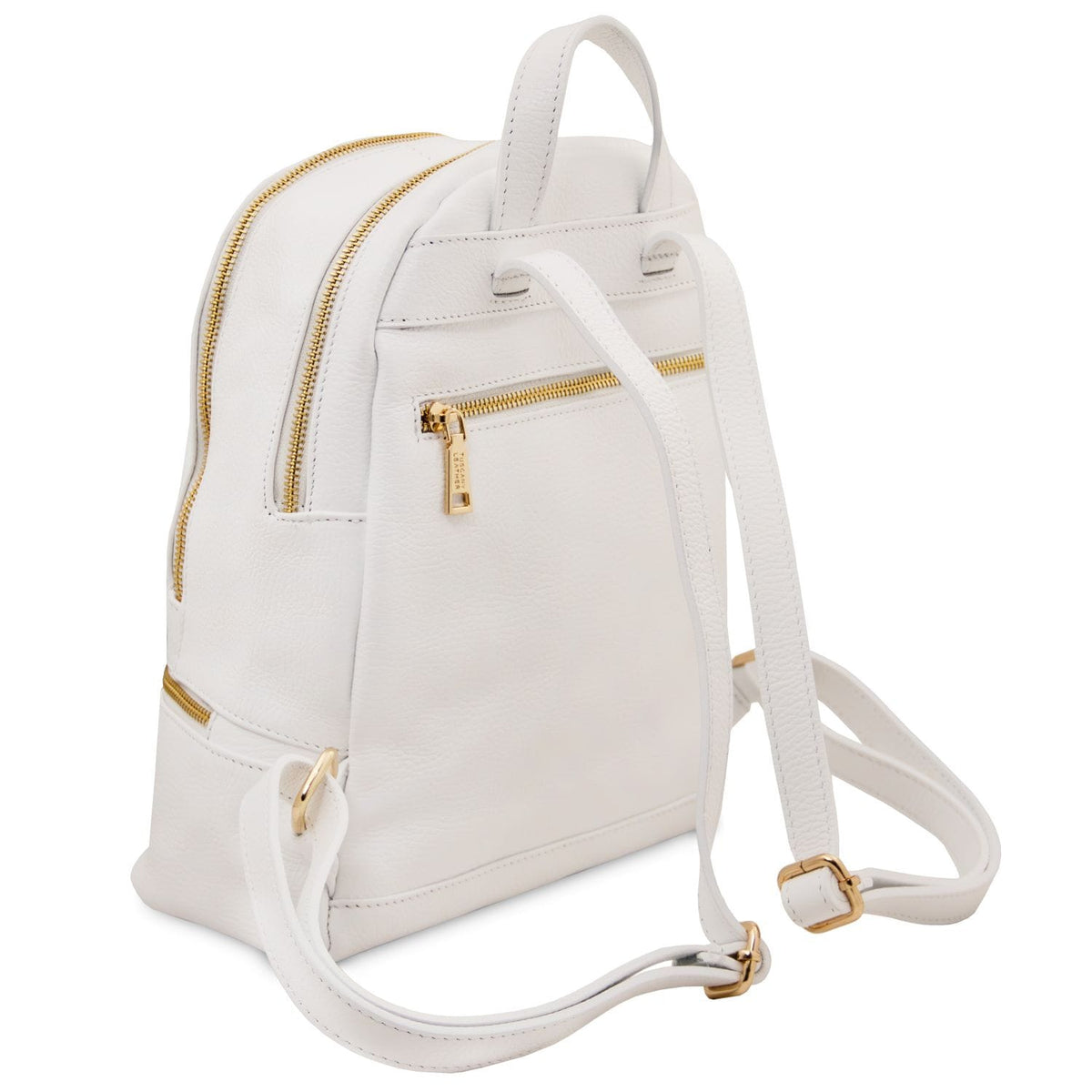 White TL Bag soft leather backpack with gold zippers and a top handle