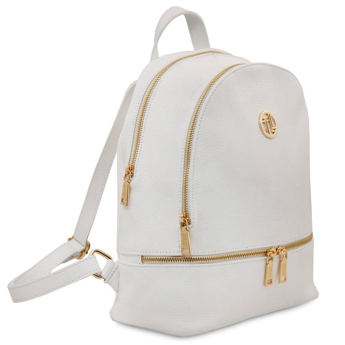 White soft leather backpack with gold zippers, circular front logo badge, top handle and adjustable straps.