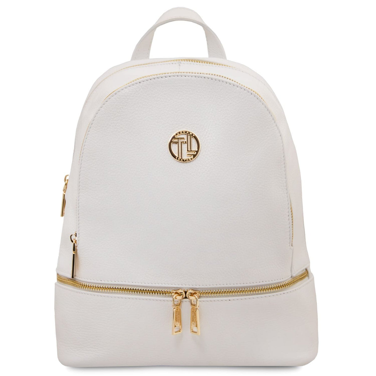 Cream white soft leather backpack with gold-tone zippers and a round gold logo plaque on the front.