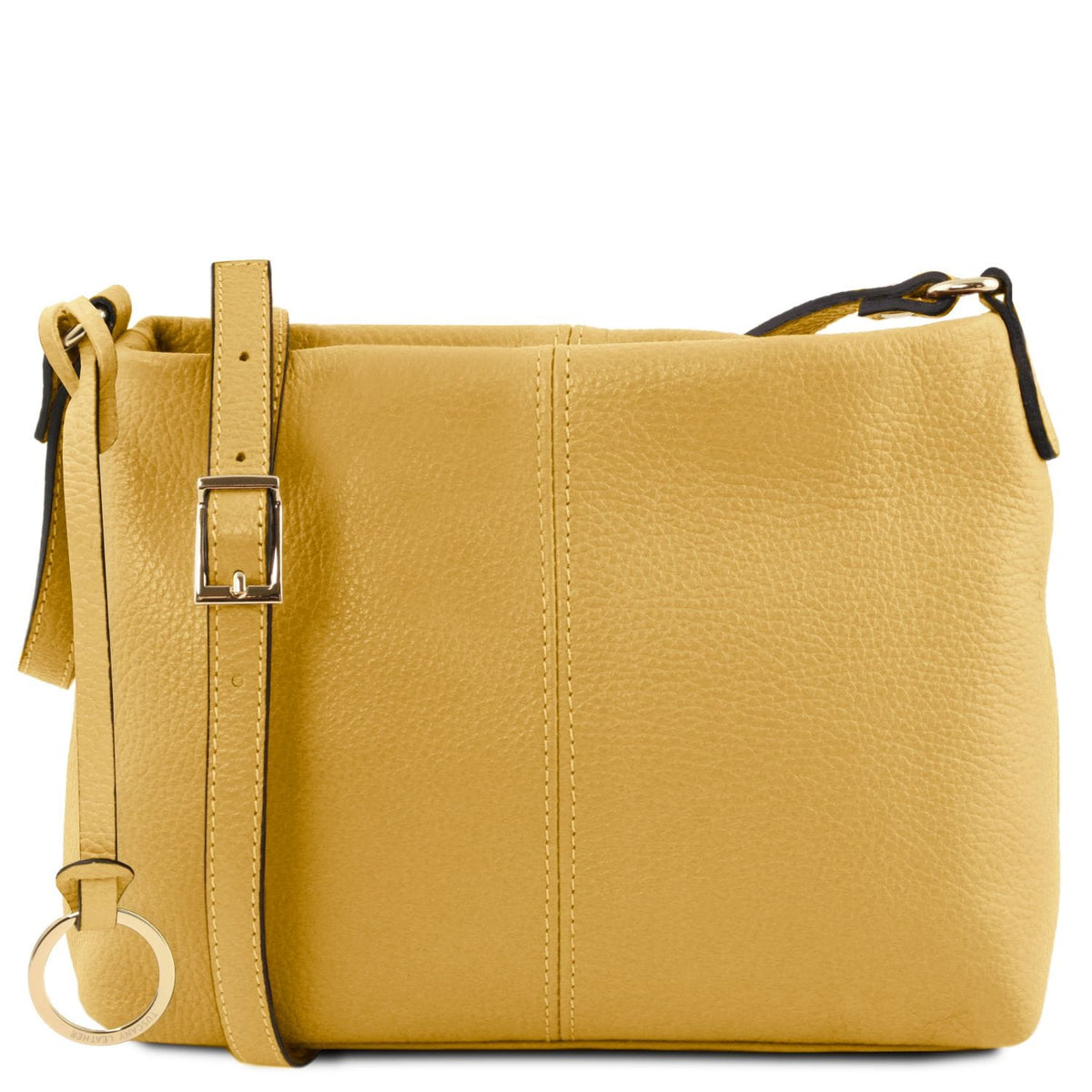 Giallo senape pelle morbida shoulder bag con tracolla regolabile e gold buckle e circular ring charm.