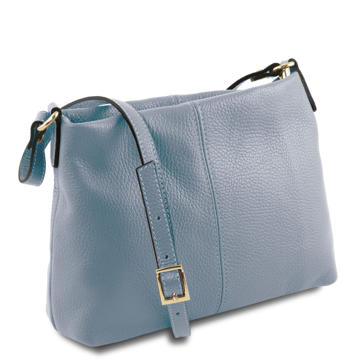 Soft blu pelle pieno fiore shoulder bag con tracolla regolabile e gold-tone buckle hardware, made in Italy.