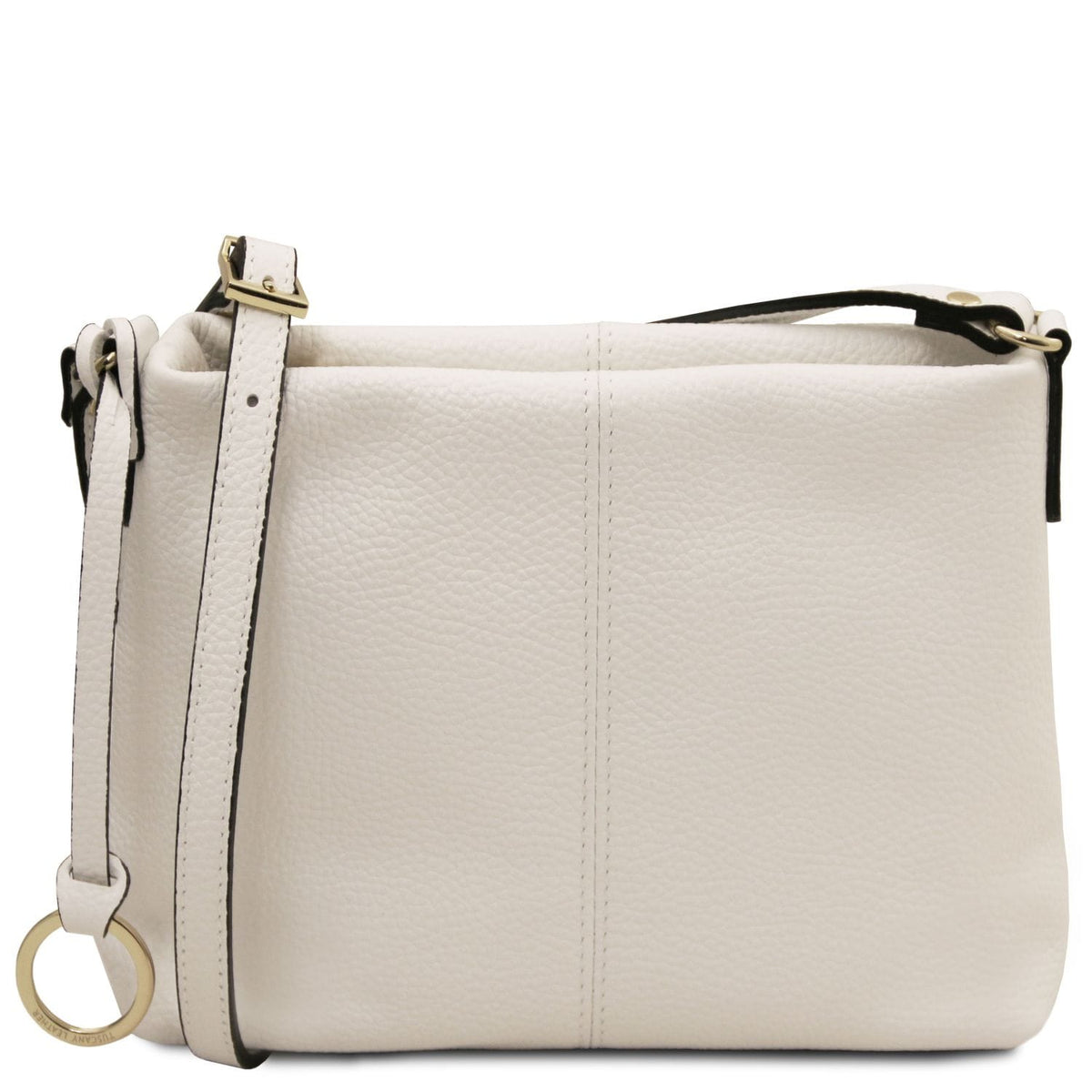 Crema-colorosso pelle morbida shoulder bag con tracolla regolabile e gold-tone ring detail on the side.