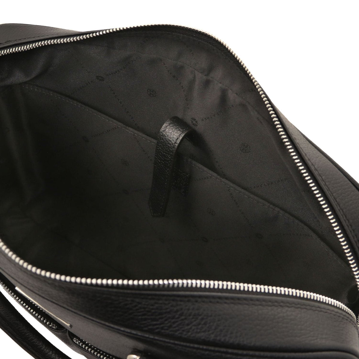 Interior of Treviso leather laptop briefcase with blue lining, zip pocket along the top, and a leather securing strap.