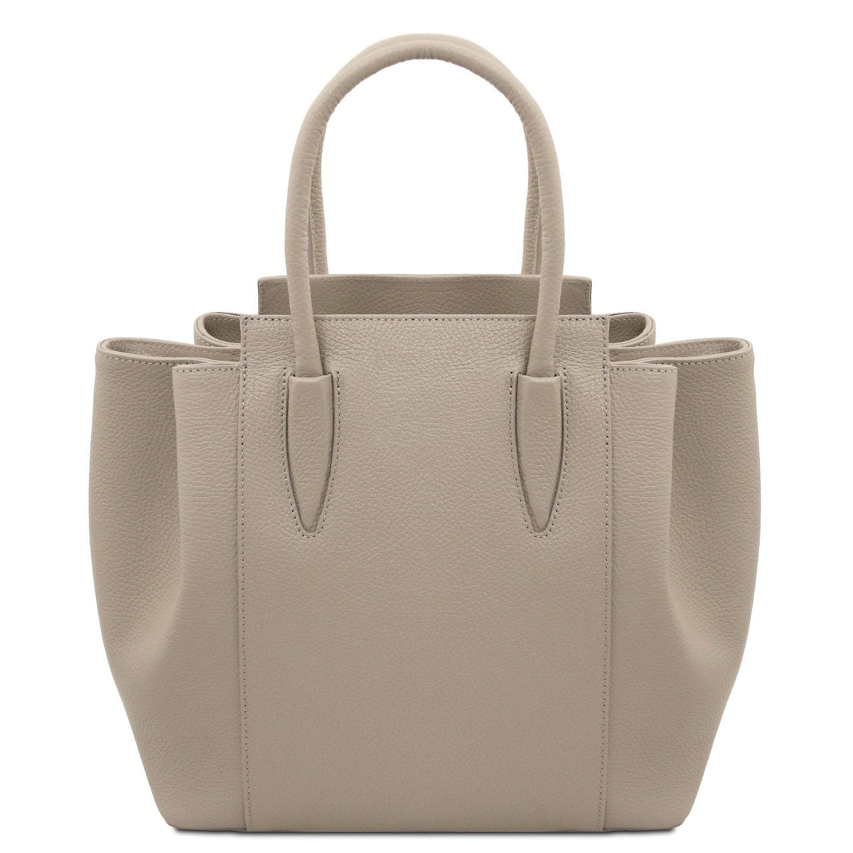 Taupe Borsa in pelle italiana con texture martellata, structurosso shape, e two manici superiori arrotondati.