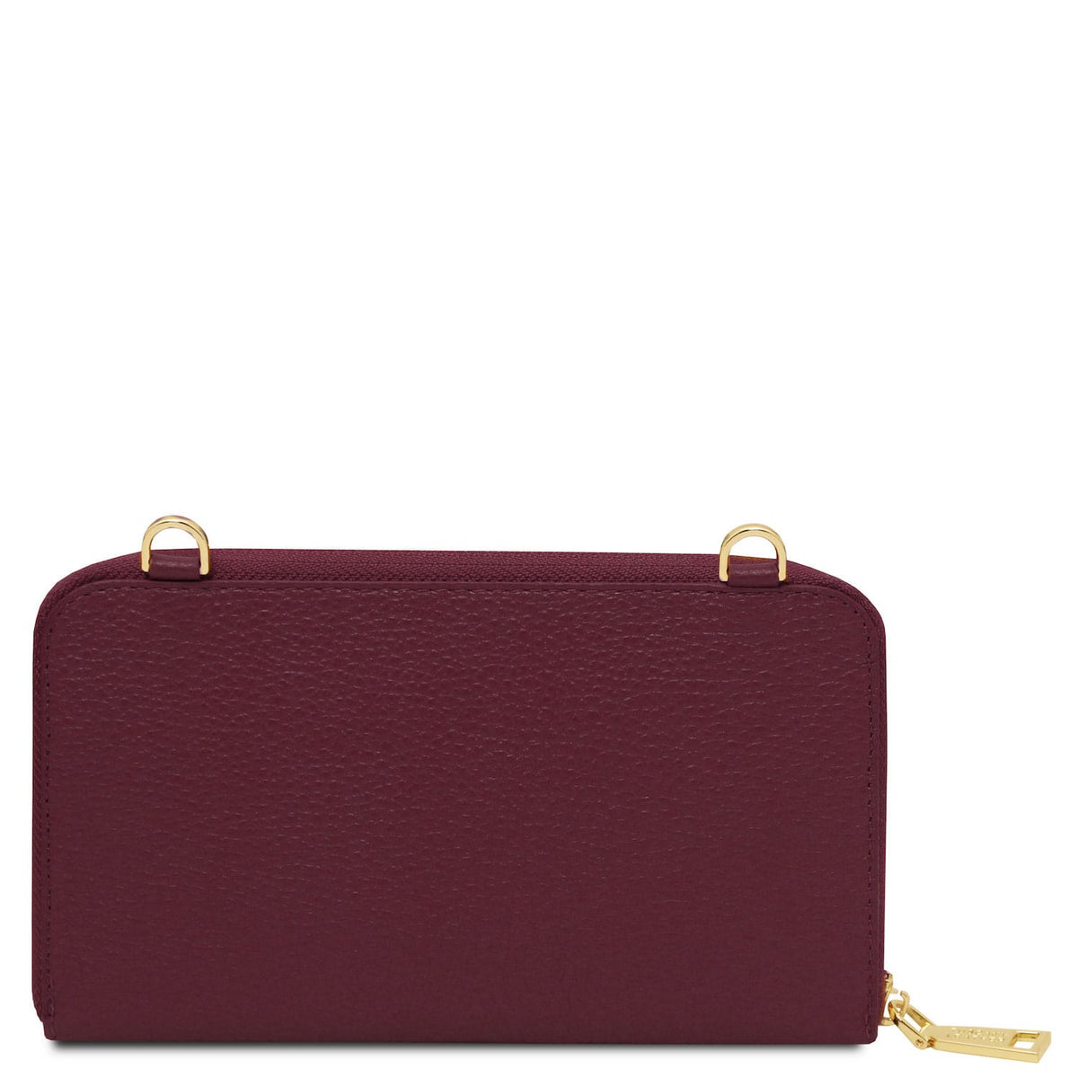 Urania - Leather phone wallet with strap | TL142433 in burgundy piel granulada with herrajes dorados and zipper pull sobre fondo blanco