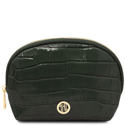 Vera - Croc print leather toiletry case | TL142514 in dark green embossed leather with gold-tone zipper and round metal accent on white background
