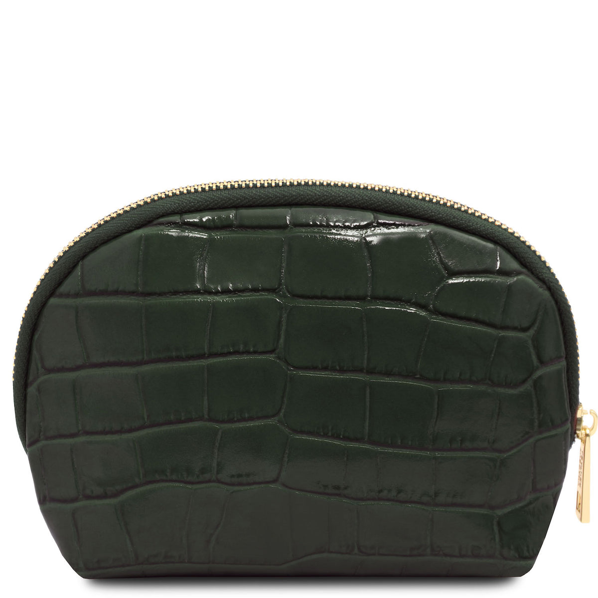 Vera - Croc print leather toiletry case | TL142514 in dark green embossed leather with gold-tone zipper on white background