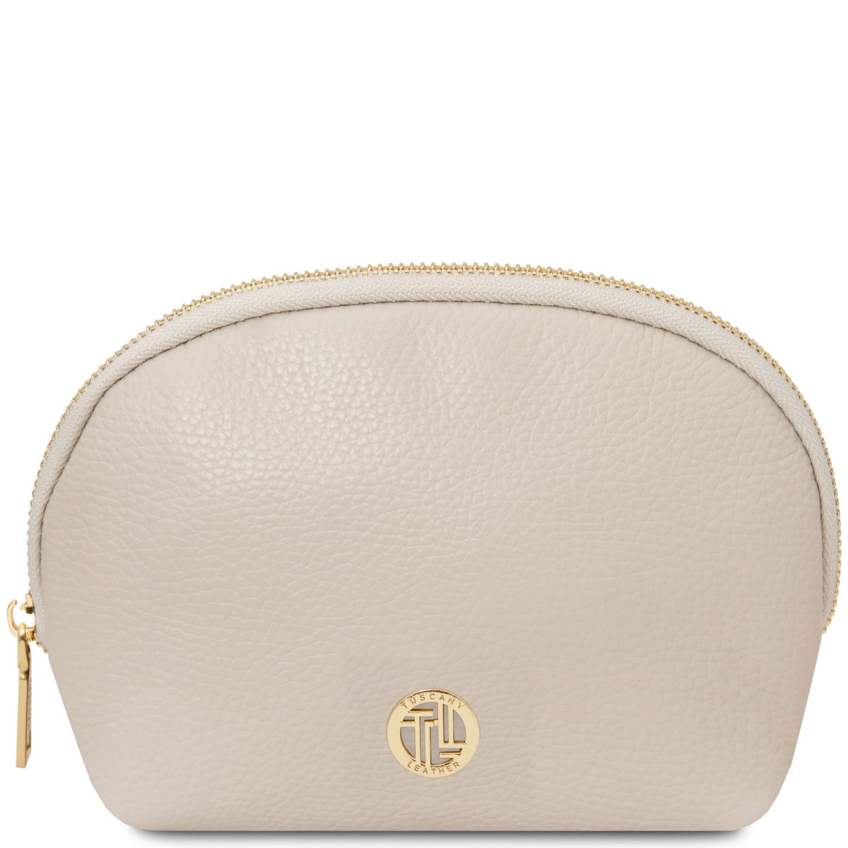 Beige rounded Vera leather case con zip color oro e placca logo color oro.